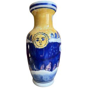 Vtg Handpainted FOLK ART Celestial Sun Moon Stars Village VASE 10" tall READ